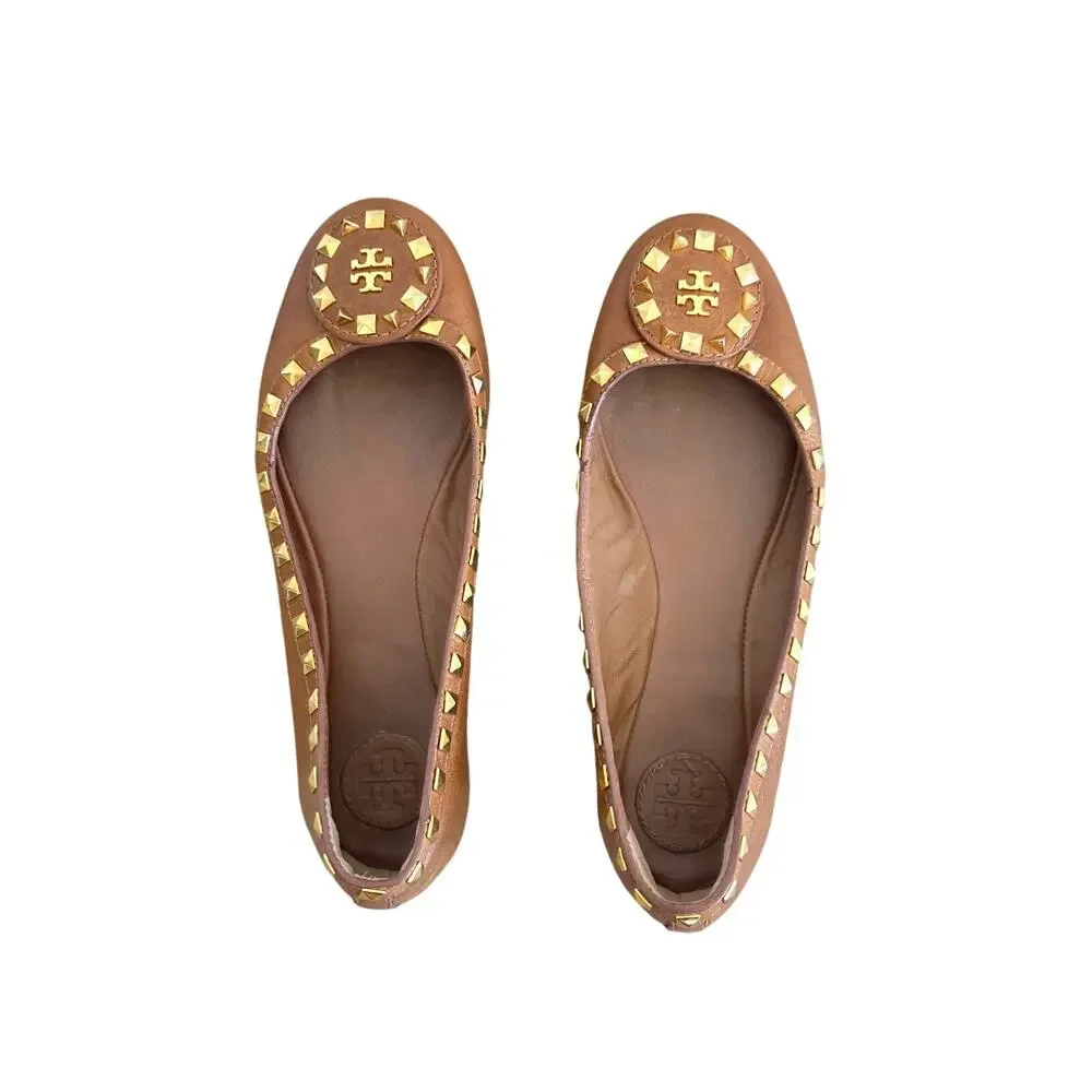 Tory Burch Royal Tan  & Gold Studded Leather Dale Ballet Flats Size Size 7.5M